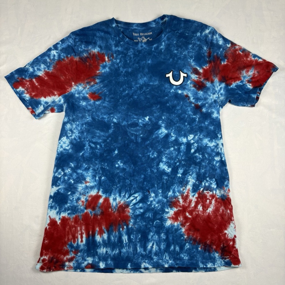 True Religion Tie Dye T-Shirt Mens Medium Red Blue Buddha Horseshoe Logo Graphic